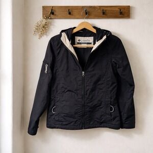 Columbia Windbreaker Jacket Women Small Black Excellent Hooded Full Zip Sporty
